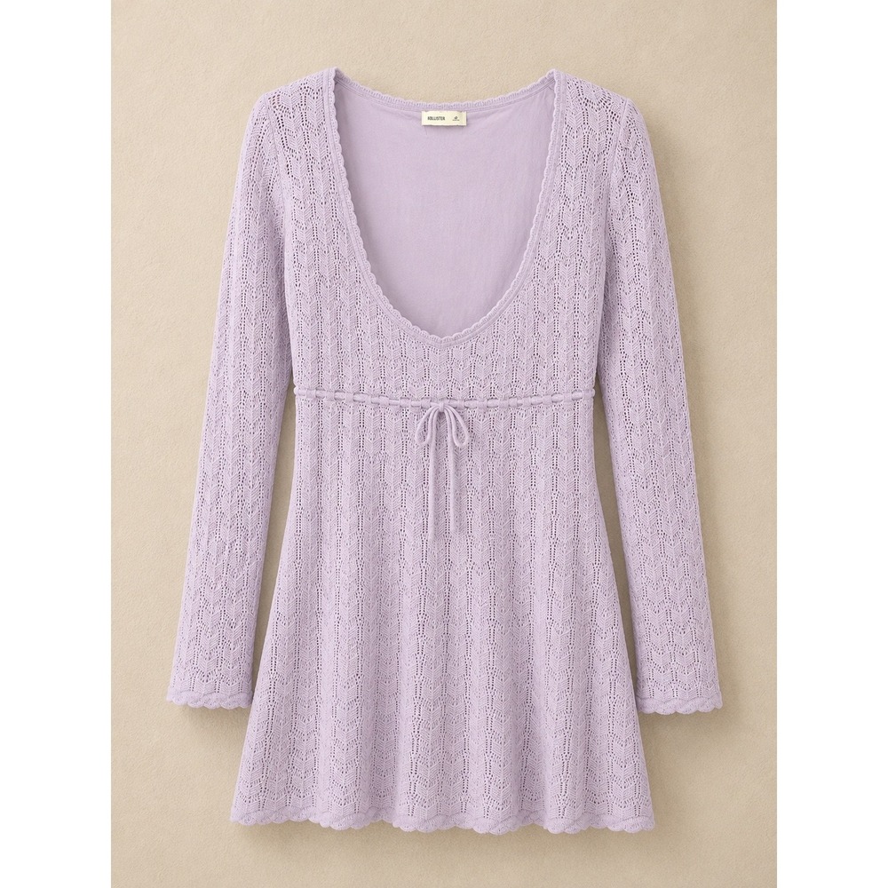Hollister Women Mini Dress XL Lavender Pointelle Knit Long Sleeve Empire Waist